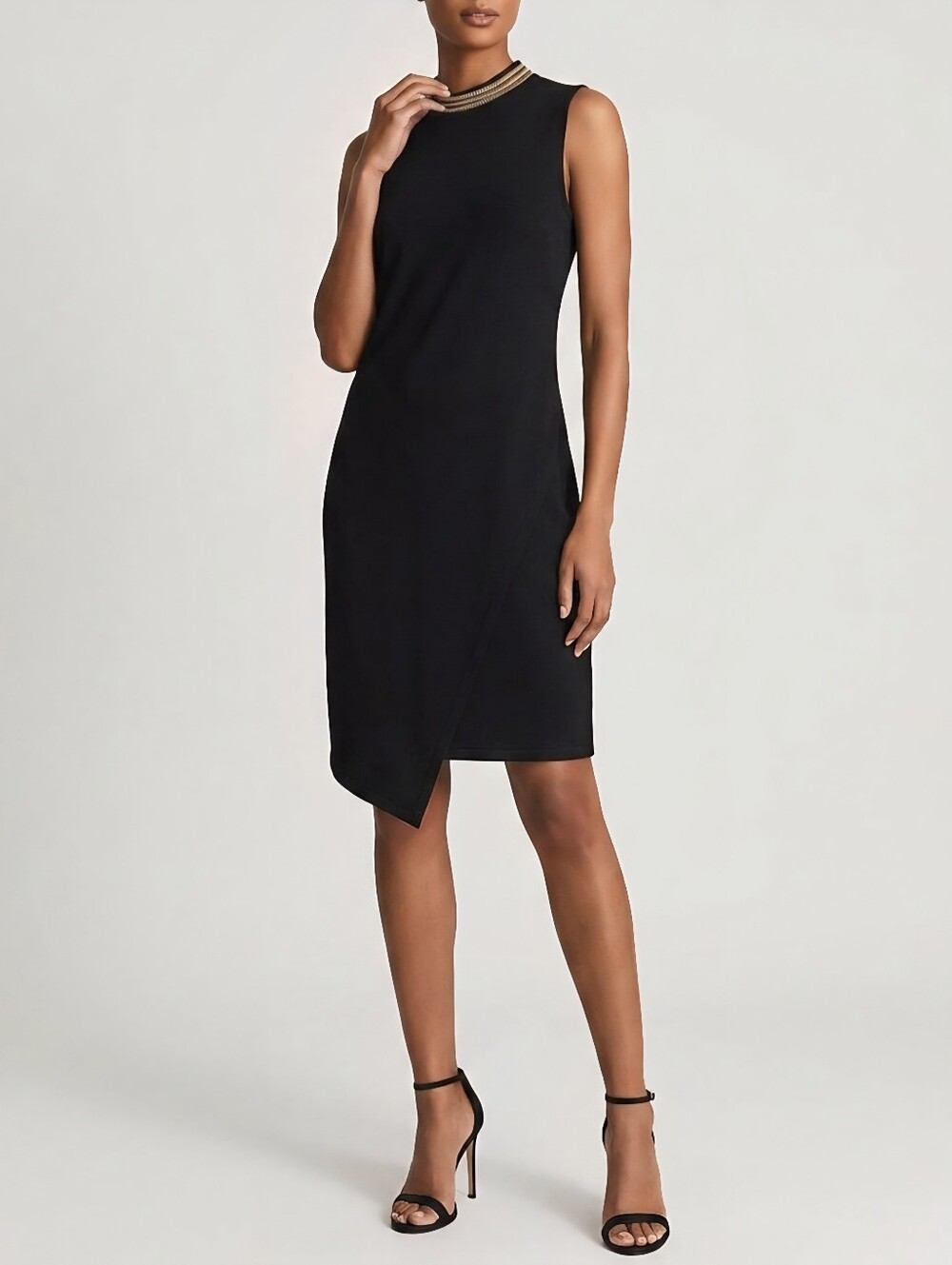 Sz M Vero Moda VMSAVON Black Midi Dress with Gold Beaded Neck